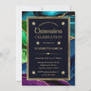 Convites Azul, Verde e Dourado Brilho Ágata Quinceanera