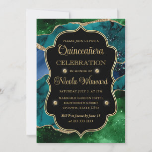Convites Azul, Verde e Dourado Brilho Ágata Quinceanera