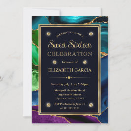 Convites Azul, Verde e Dourado Brilho Ágata Sweet Sixteen