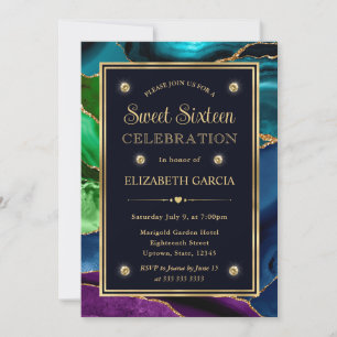 Convites Azul, Verde e Dourado Brilho Ágata Sweet Sixteen