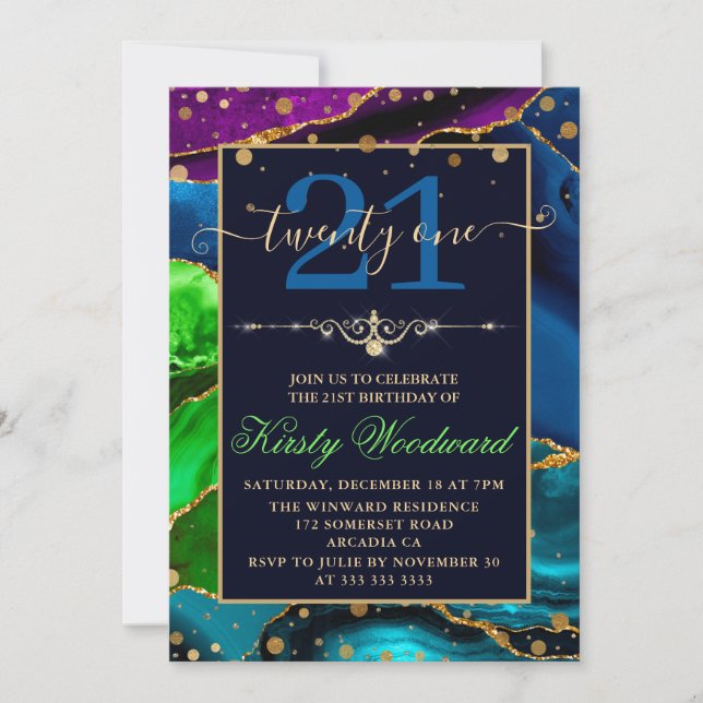 Convites Azul Verde e Roxo e Dourado Brilho Ágata Aniversár (Frente)