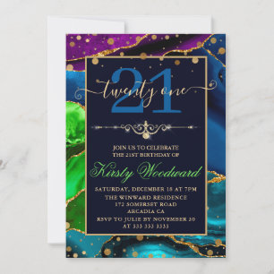 Convites Azul Verde e Roxo e Dourado Brilho Ágata Aniversár