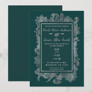 Convites Azul Verde Teal & Elegante Casamento Floral Prata