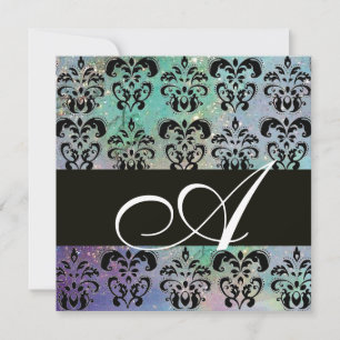 Convites AZUL VERDE TEAL PRETO DAMASCO MONOGRAMA, branco