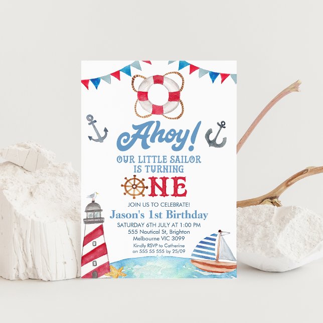 Convites Azul Vermelho Ahoy Nosso Pequeno primeiro aniversa (Boys Nautical First Birthday Invitation, Sailboat, Ahoy Our Little Sailor Invite, Lighthouse)
