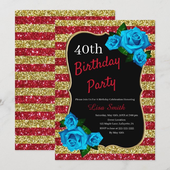 Convites Azul, Vermelho, Dourado, Glitter, Rosas Azuis (Frente/Verso)