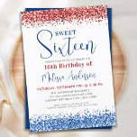 Convites Azul Vermelho Patriótico Brilhante Doce 16 Festa d<br><div class="desc">Celebre seu dia especial com nossos 16 convites de festas de aniversários patriotas! Nosso design moderno e elegante apresenta um toque chic, feminino com sotaques reluzentes e um esquema de cores vermelho, branco e azul. Mostre seu orgulho militar com um tema de bandeira americana que é perfeito para qualquer garota...</div>