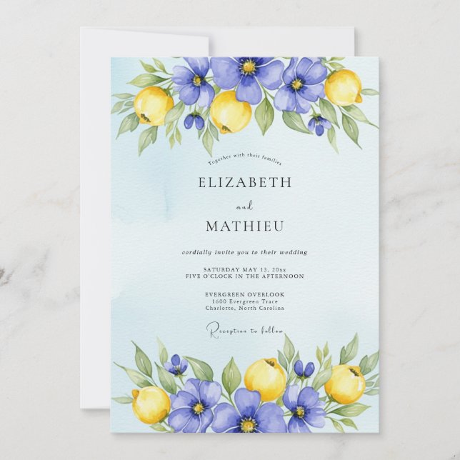 Convites Azul Vinca Vibrante Citrino Casamento (Frente)