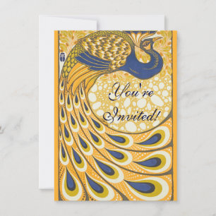 Convites Azul Vintage e Plumas de Pavão Dourado Art Nouveau