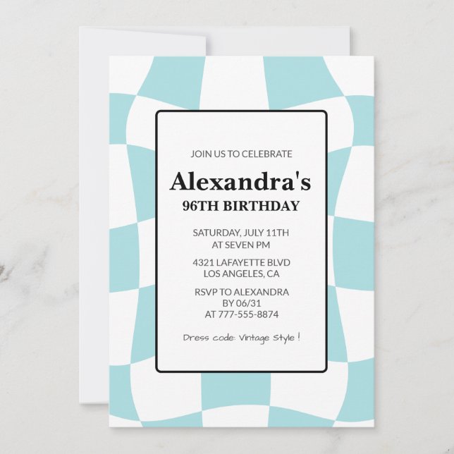 Convites Azul Xadrez Retro Aniversário de 96 anos (Frente)