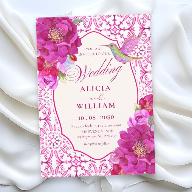 Convites azulejo artístico floral rosa casamento (Criador carregado)