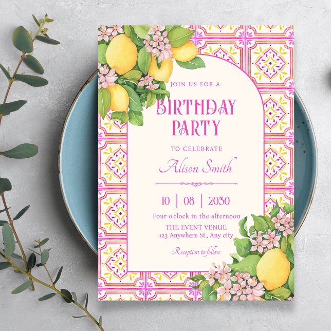 Convites Azulejo artístico rosa floral aniversário (Criador carregado)