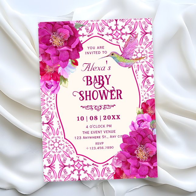 Convites azulejo artístico rosa padrão floral chá de bebê (Criador carregado)