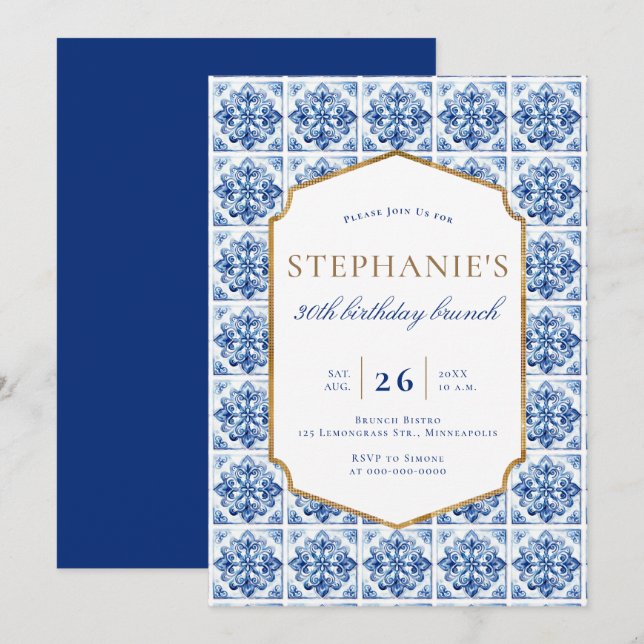 Convites Azulejo Azul de Quadro de Bistro Moderno (Frente/Verso)