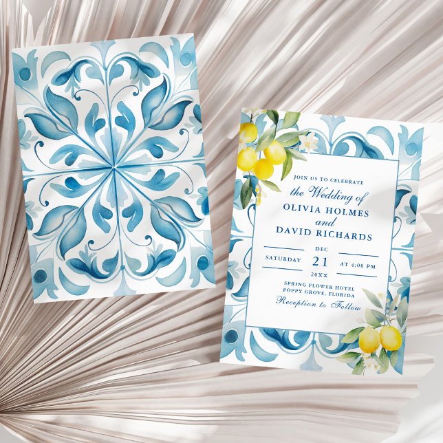 Convites Azulejo Azul Elegante Moderno e Casamento de Limão (Modern Elegant Blue Tile and Lemon Wedding Invitation on a sunny white dry palm leaf.)