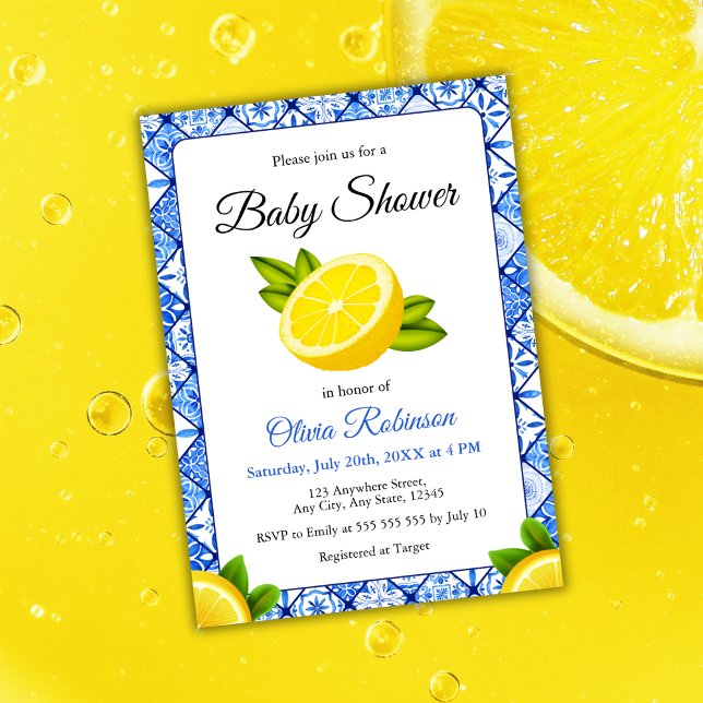 Convites Azulejo Azul Italiano Positano Lemon Chá de fralda (Italian Blue Tile Positano Lemon Baby Shower Invitation )