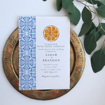 Azulejo azul laranja aquarela Casamento Mediterrân