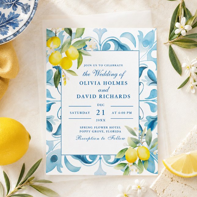 Convites Azulejo Azul Limão Costa Amalfitana Casamento (Amalfi Coast Lemon Blue Tile Wedding Invitation)