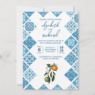 Convites Azulejo Azul Limão Mediterrâneo Moderno Casamento