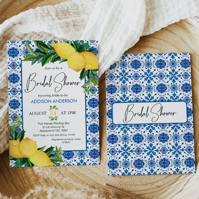 Convites Azulejo Azul Limão-Teto Chá de panela (Mediterranean blue tile, lemons and foliage bridal shower invitation with modern calligraphy heading)