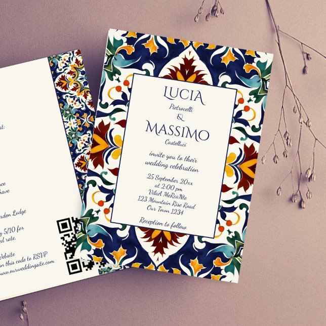 Convites Azulejo azul mediterrânico português tudo em um (Azulejo blue Portuguese Mediterranean Talavera tiles all in one wedding Invitation editable template)