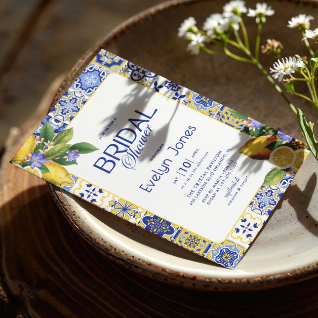 Convites Azulejo azul-mosaico italiano Limões Chá de panela (Criador carregado)