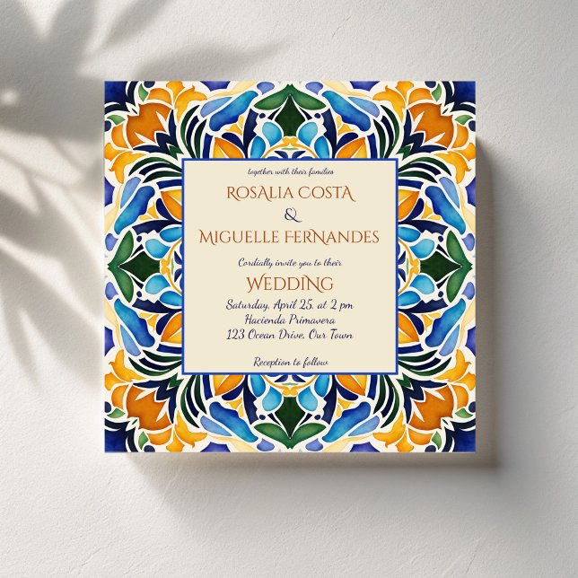 Convites Azulejo azul Talavera azulejo vintage casamento me (Talavera azulejo colorful blue tiles vintage Mexican wedding Invitation template instant download)