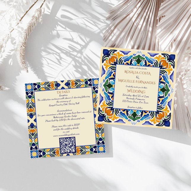 Convites Azulejo azul Talavera azulejo vintage casamento me (Talavera azulejo blue tiles vintage Mexican wedding all in Invitation template with details QR RSVP)