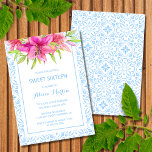 Convites Azulejo Azulejos Lily 16th Birthday<br><div class="desc">Este convite maravilhosamente desenhado apresenta uma ilustração impressionante da cor d'água de uma flor de lírio rosa e um quadro azul de azulejos cerâmicos azulejo. Você pode personalizar facilmente o texto e incluir a idade do celebrante para torná-lo ainda mais personalizado. Compartilhe a alegria com os seus amigos e família...</div>