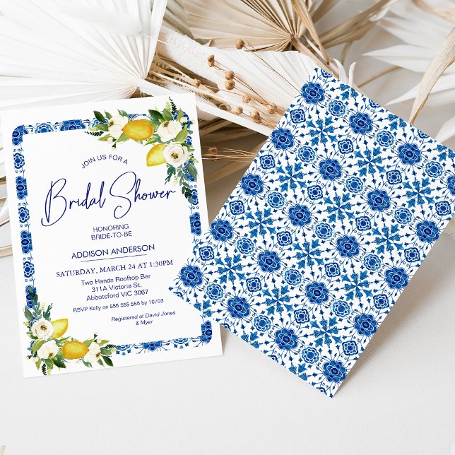 Convites Azulejo Branco Azul,  Floral, Chá de panela de Lim (Lemon bridal shower invitation featuring a blue and white Mediterranean border and white flowers.)