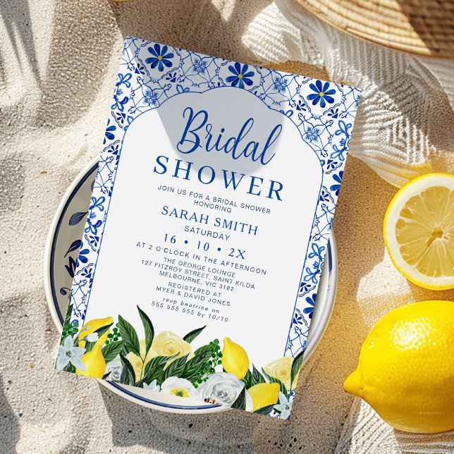 Convites Azulejo Branco Azul Floral Chá de panela Limão (Lemon Positano Bridal Shower Invitation Template, Italian Blue Tile Lemon Bridal Shower Invite, )