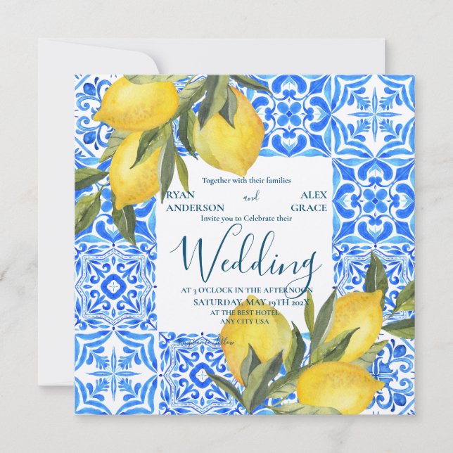 Convites Azulejo de Aquarela italiana com Lemon Wedding (Frente)
