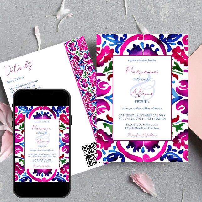 Convites Azulejo de casamento de Talavera mexicana azul ros (Pink blue Mexican Talavera tiles editable wedding template invitation digital download all in one QR)