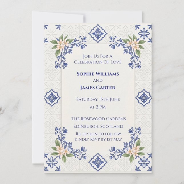 Convites Azulejo de Casamento Folk Azul (Frente)