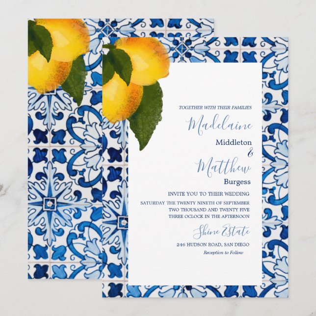 Convites Azulejo de Limão Azul Casamento Chic Stylish (Frente/Verso)