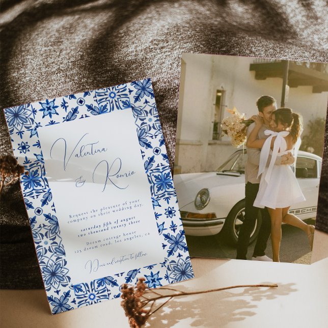 Convites Azulejo do Mediterrâneo azul e casamento de citros (Criador carregado)