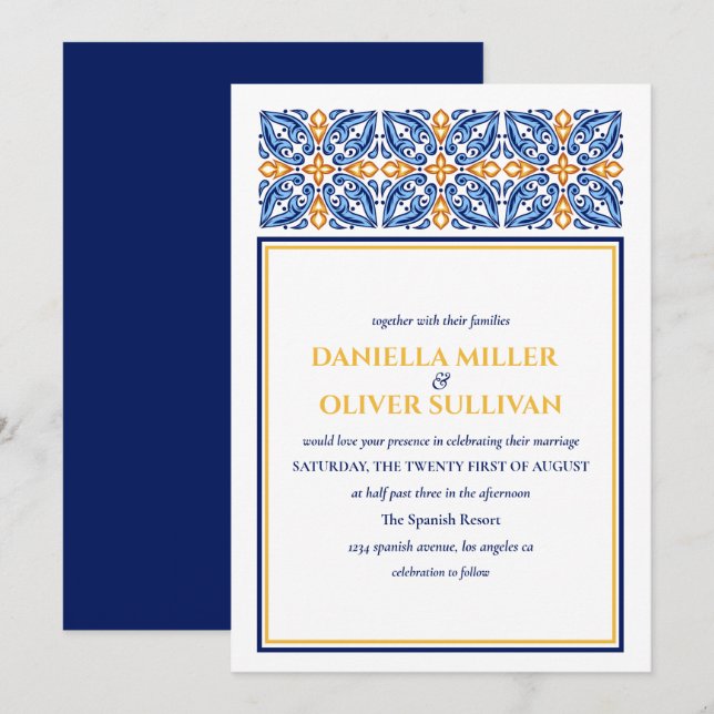 Convites Azulejo espanhol | Casamento Blue Yellow Mediterrâ (Frente/Verso)
