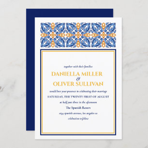Convites Azulejo espanhol   Casamento Blue Yellow Mediterrâ