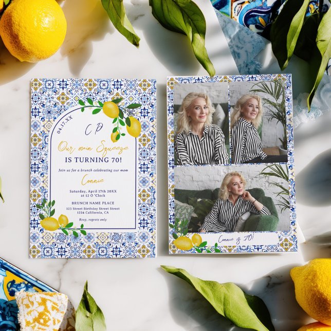 Convites Azulejo Italiano Limon Nosso Principal Aniversário (Italian Tile Lemon Our main Squeeze 70th Birthday Invitation)
