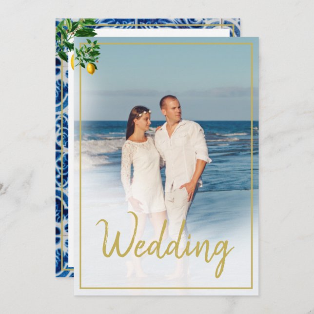 Convites Azulejo Lemon Tuscan Casamento de Foto Branco Azul (Frente/Verso)