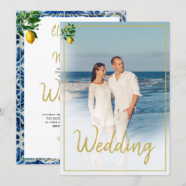 Convites Azulejo Lemon Tuscan Casamento de Foto Branco Azul