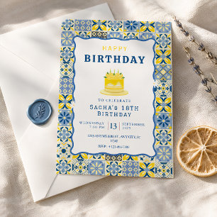 Convites Azulejo Mediterrâneo Aniversário Azul Amarelo