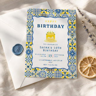 Convites Azulejo Mediterrâneo Aniversário Azul Amarelo
