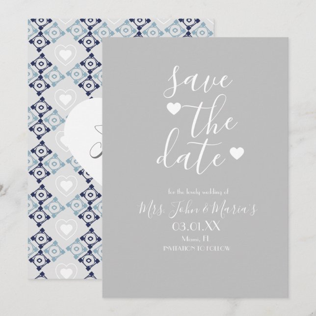 Convites Azulejo mediterrânico moderno com coração Salvar a (Frente/Verso)