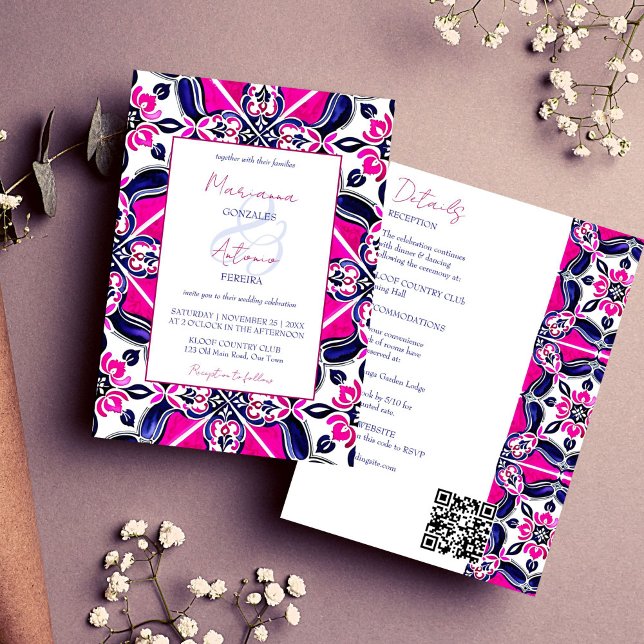 Convites Azulejo mexicano azul rosa, tudo numa modelo de ca (Pink blue Mexican Talavera Majolica tile all in one wedding template invitation digital download)