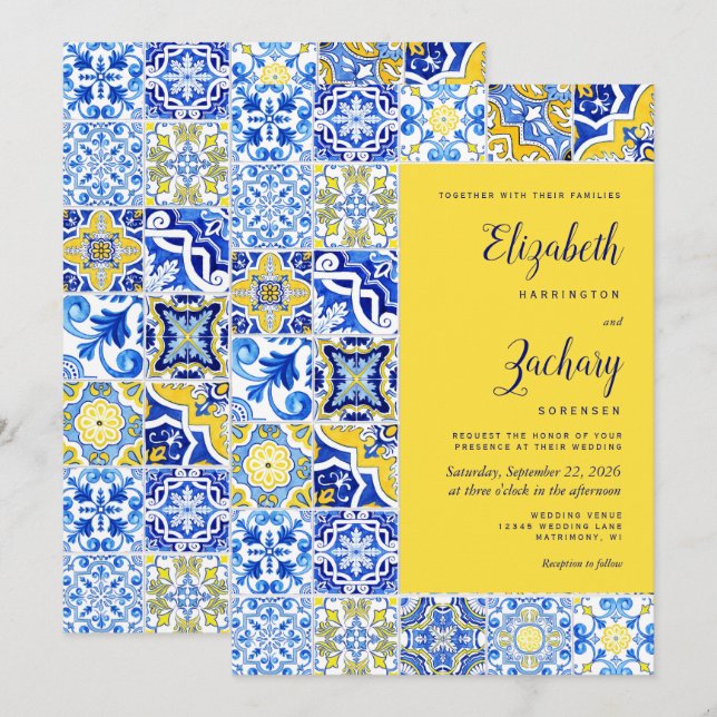 Convites Azulejo Português Rústico Casamento Azul Amarelo (Frente/Verso)