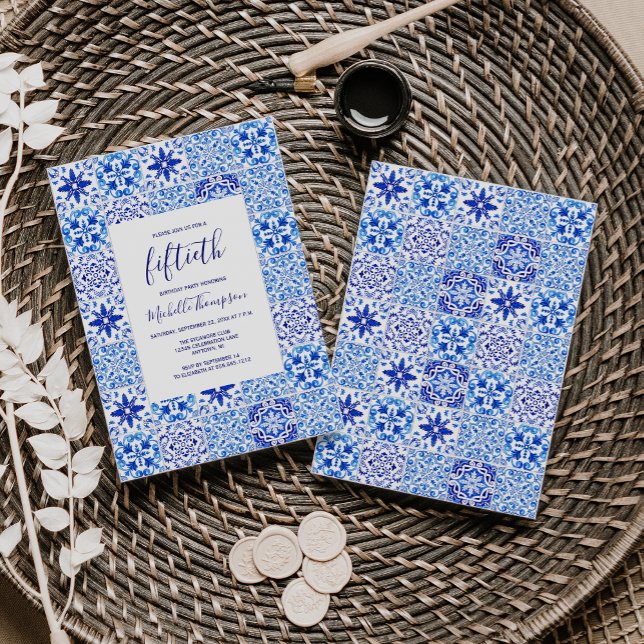 Convites Azulejo Russo Português Azul Branco 50º Aniversári (Criador carregado)