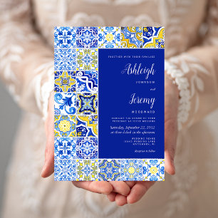Convites Azulejo Rústico Casamento Azul Amarelo Branco