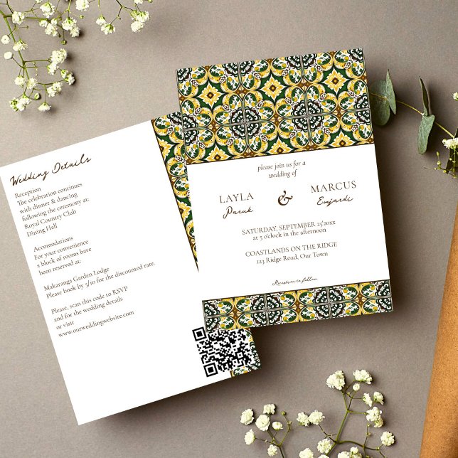 Convites Azulejo verde-amarelo-mediterrânico, tudo em um ca (Green yellow Portuguese Mediterranean ornate folk tile all in one wedding Invitation template)