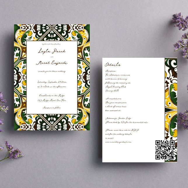 Convites Azulejo verde-amarelo-mediterrânico, tudo em um ca (Green yellow Portuguese  Mediterranean folk ornament tile boho all in one wedding Invite template)